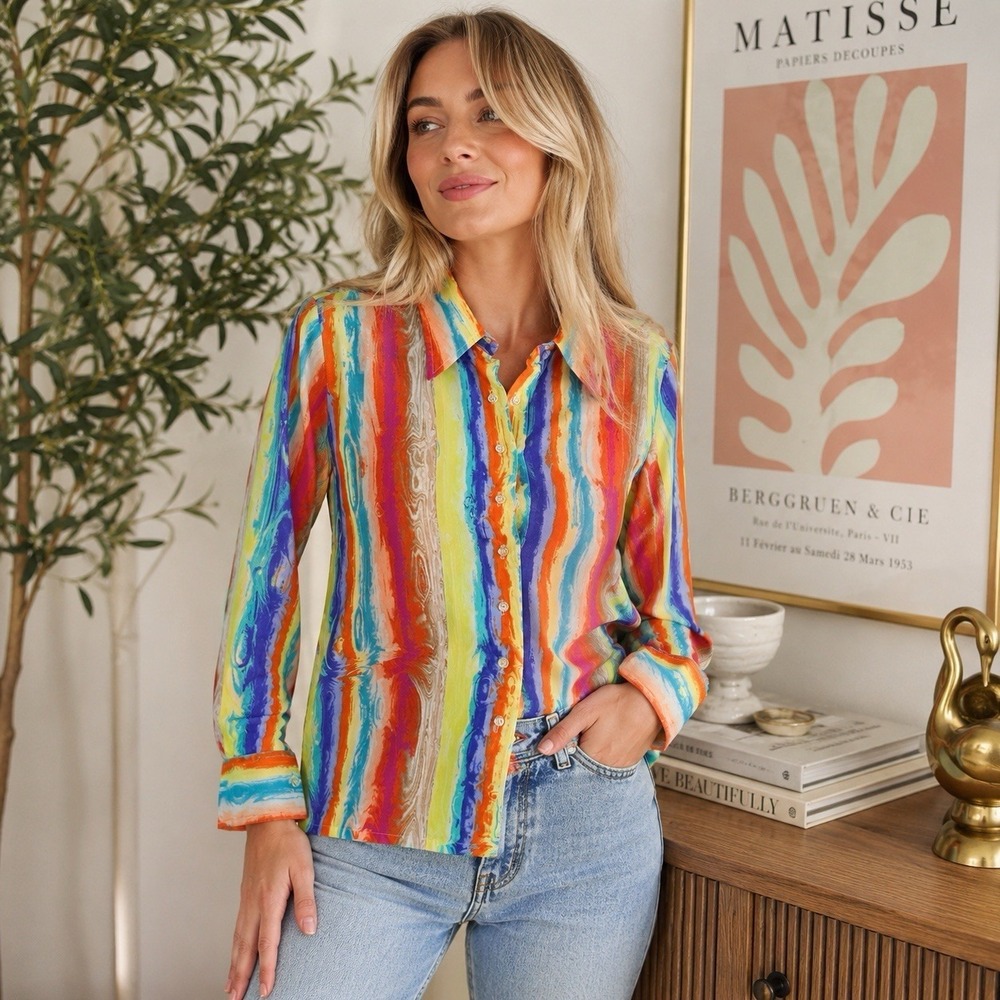 Vintage 70s John Meyer Psychedelic Abstract Art Blouse Womens M Button Up USA - Picture 1 of 15